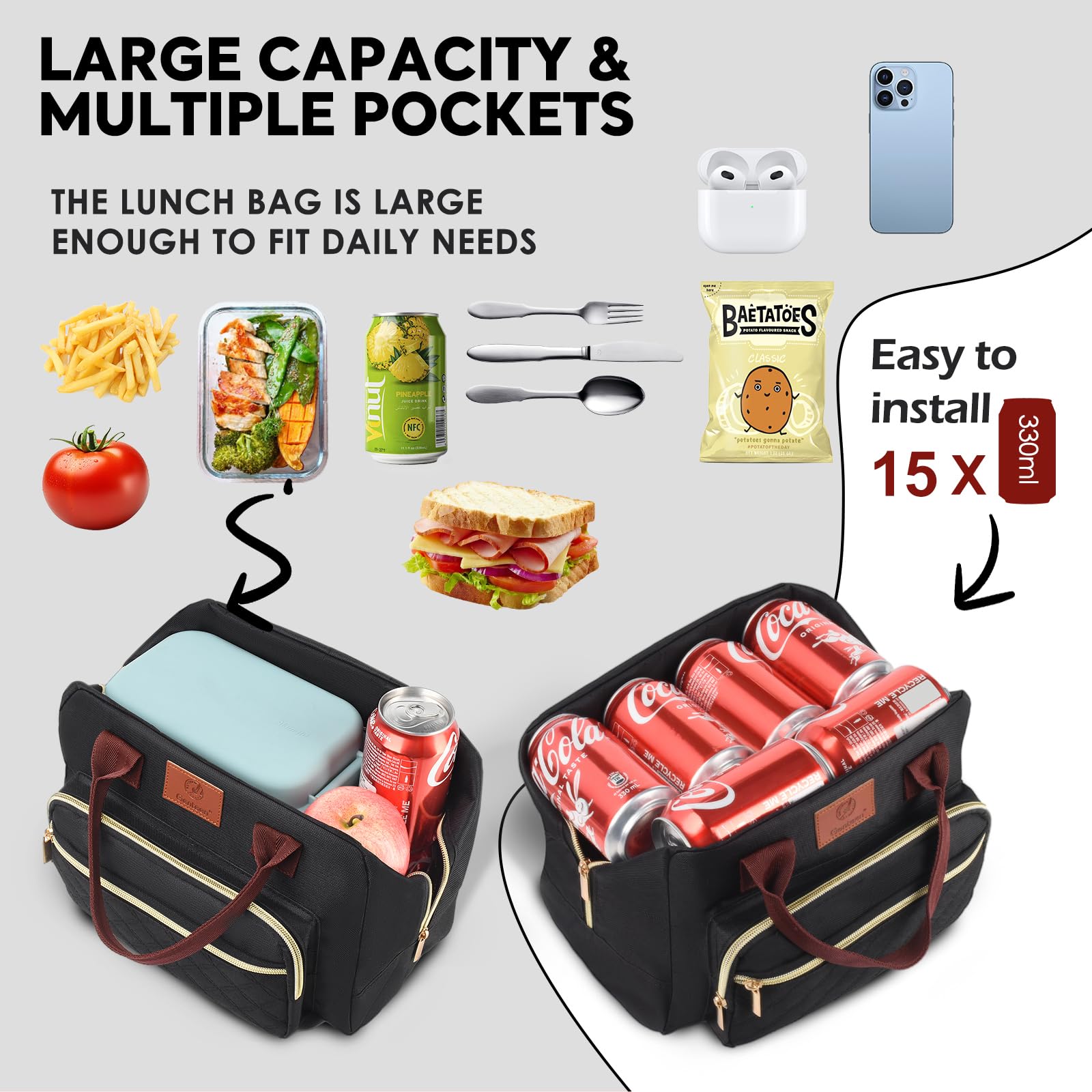 Genteen insulated lunch box measures 11.2x6.29x7.9 inches for ample capacity.