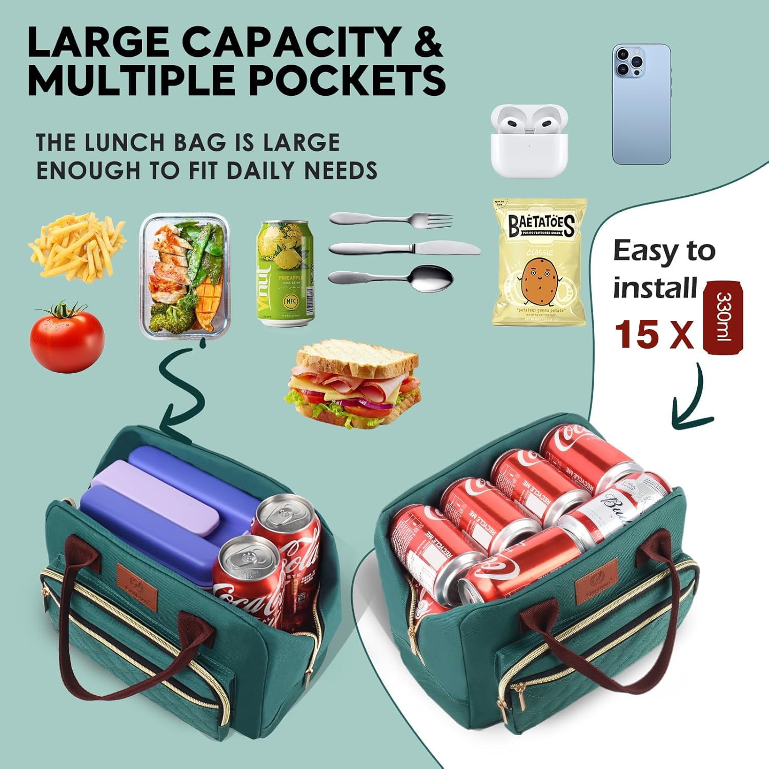 Genteen lunch bag front pocket shown for utensils and small items