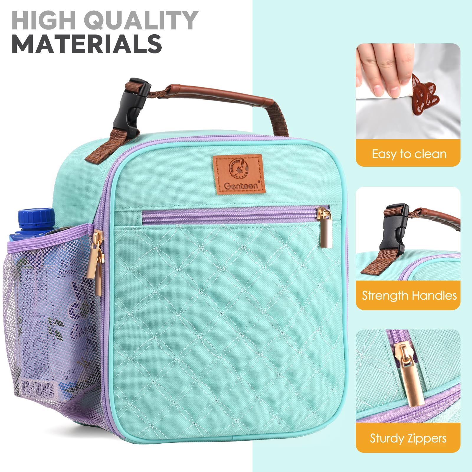 Genteen lunch bag front pocket holds phone and napkins.