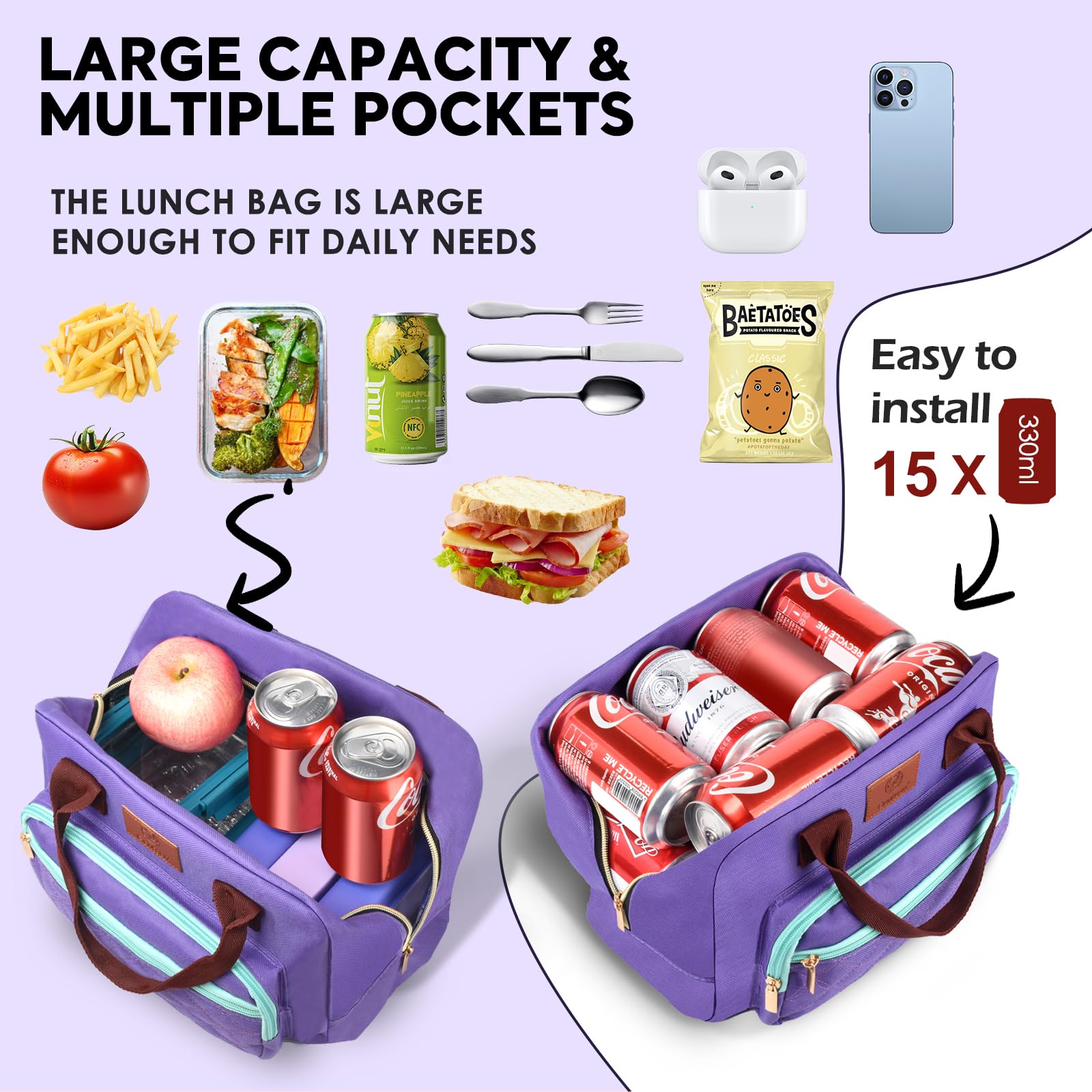 Genteen lunch bag open top reveals spacious interior.