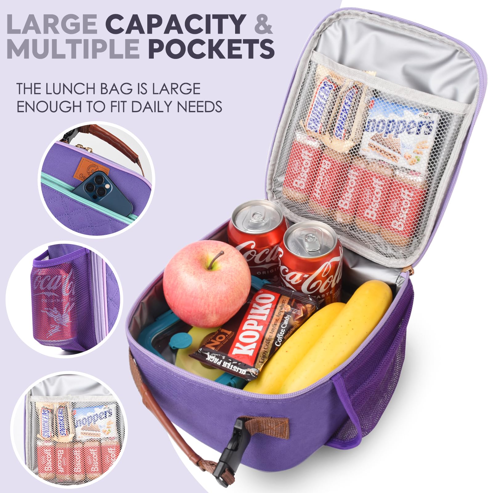 Genteen lunch bag with removable handle for easy attachment to backpacks.