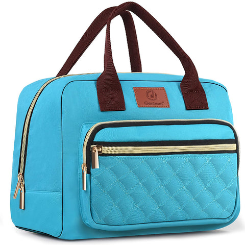 Genteen lunch bag in teal with a front pocket for utensils and keys, keeping essentials organized.