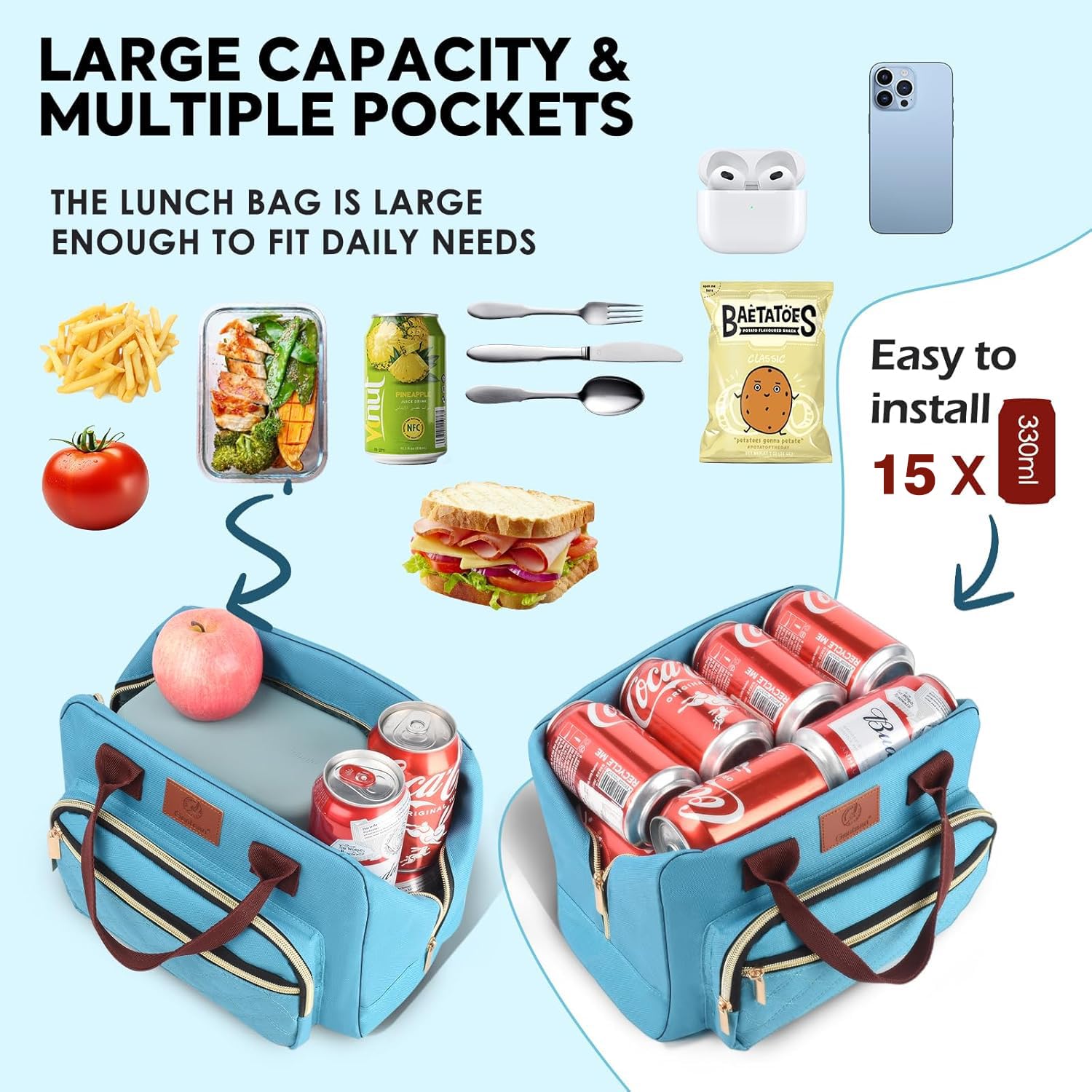 Genteen teal lunch bag with padded handle for comfortable daily carry.