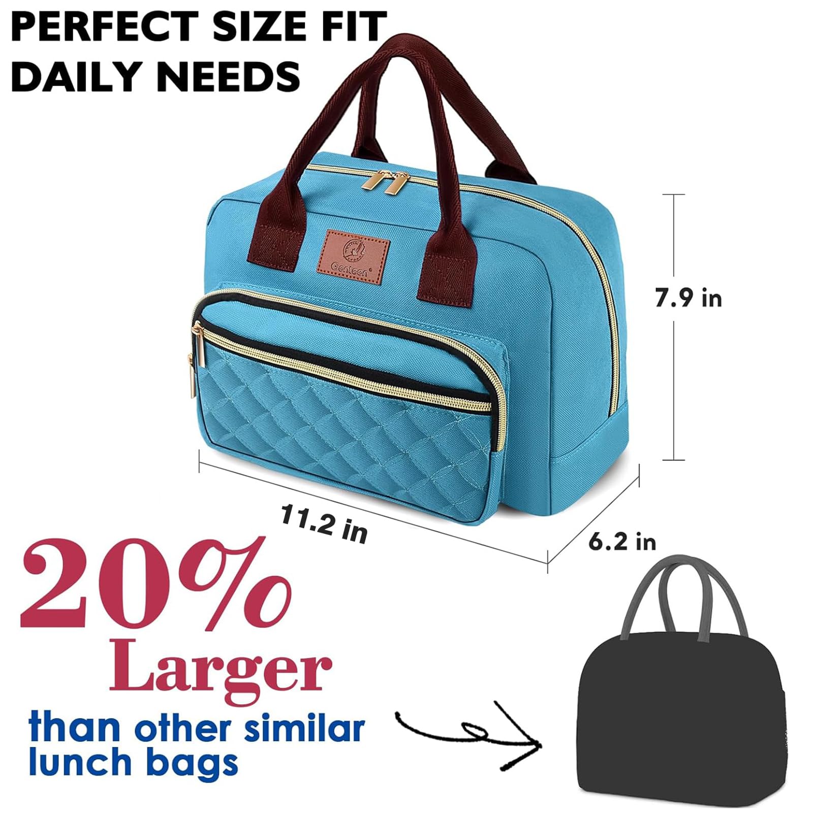 Genteen insulated teal lunch bag interior keeps meals at the right temperature.