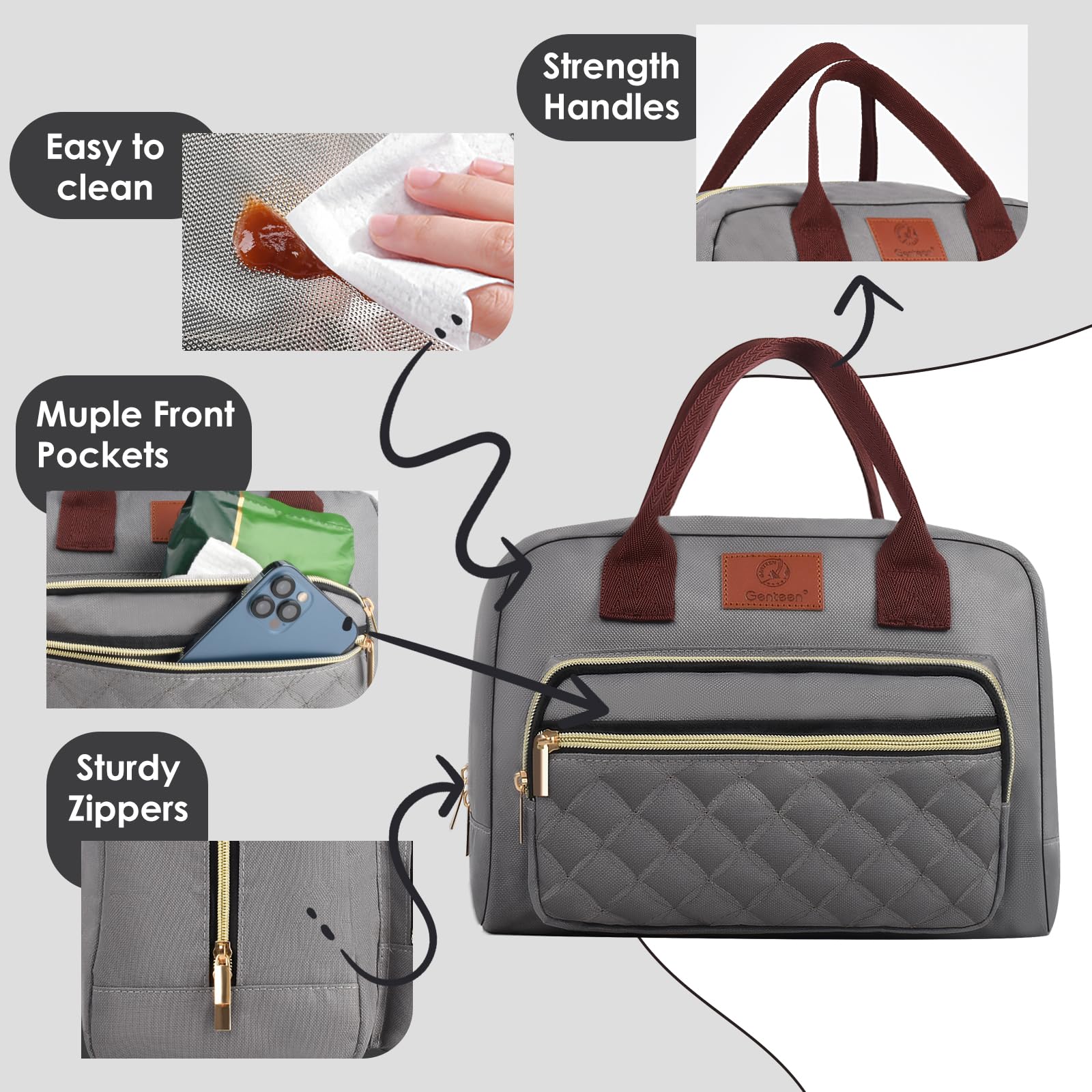 Genteen lunch bag has a front zip pocket for utensils and keys securely.