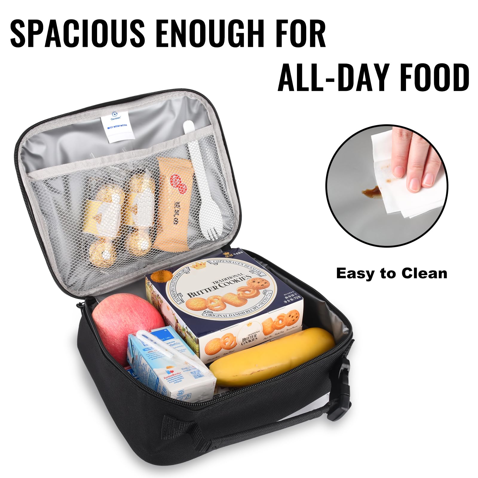 Genteen lunch box PEVA lining protects contents from spills.