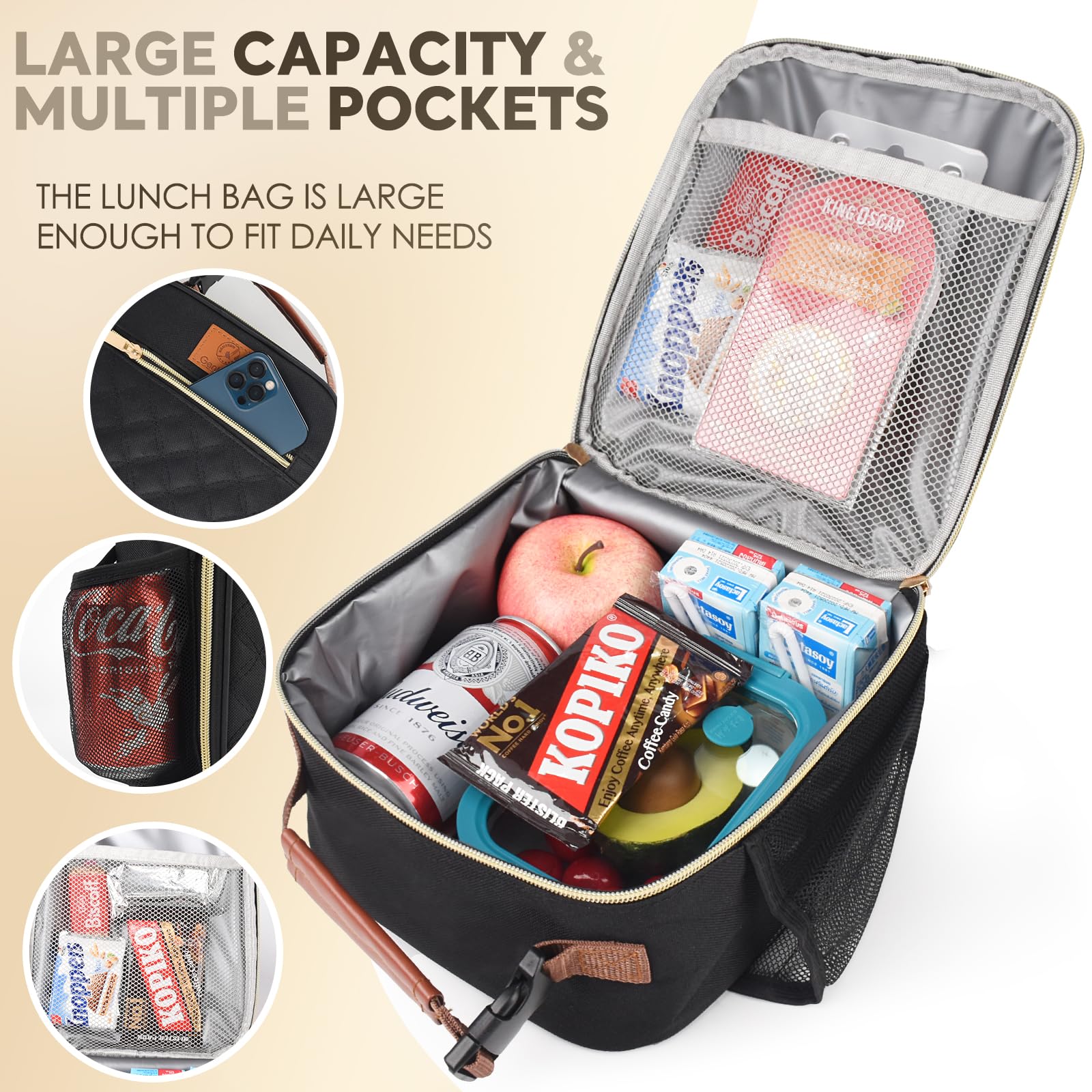 Genteen lunch box side mesh pockets hold water bottle or umbrella.