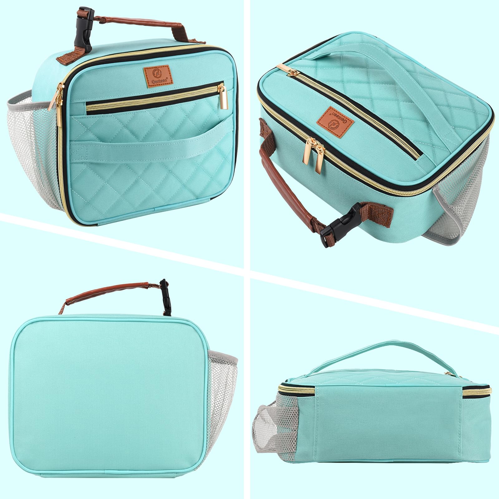 Zipper closure and buckle handle simplify grabbing and carrying.
