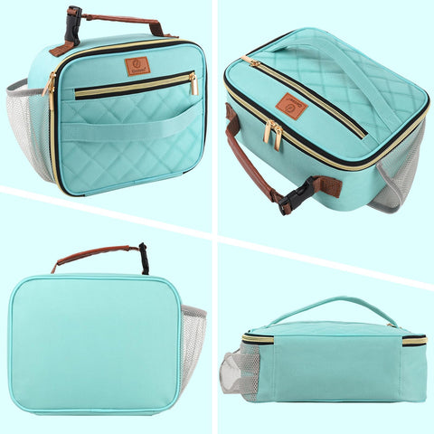 Zipper closure and buckle handle simplify grabbing and carrying.