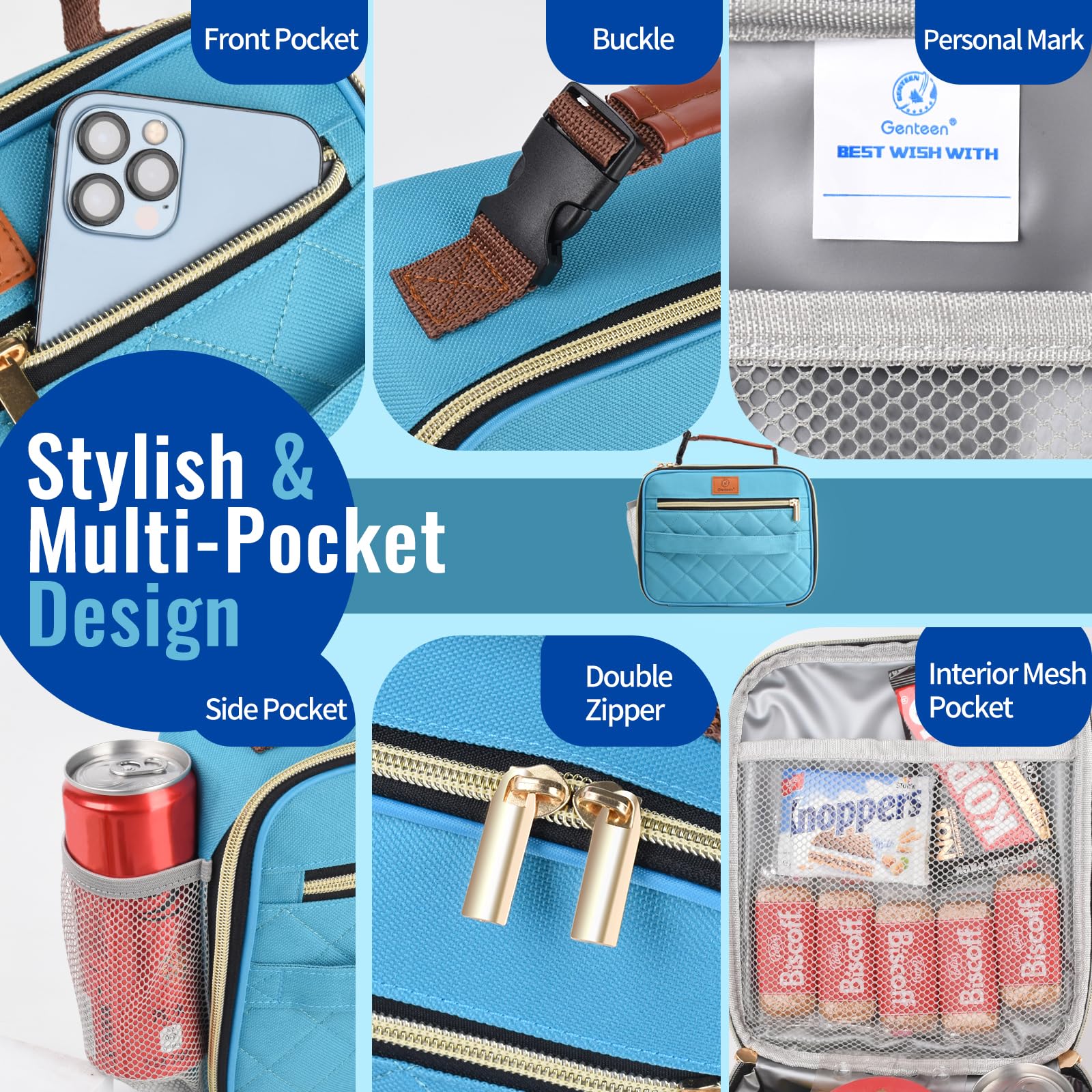 Genteen teal lunch bag features a stylish modern look.