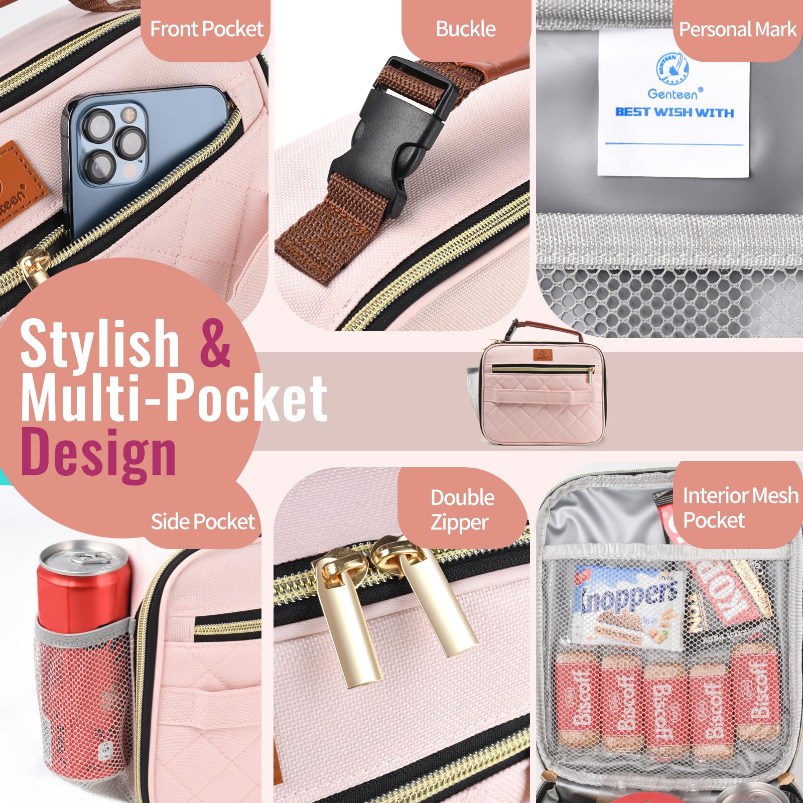 Genteen pink lunch box buckle handle for easy carrying