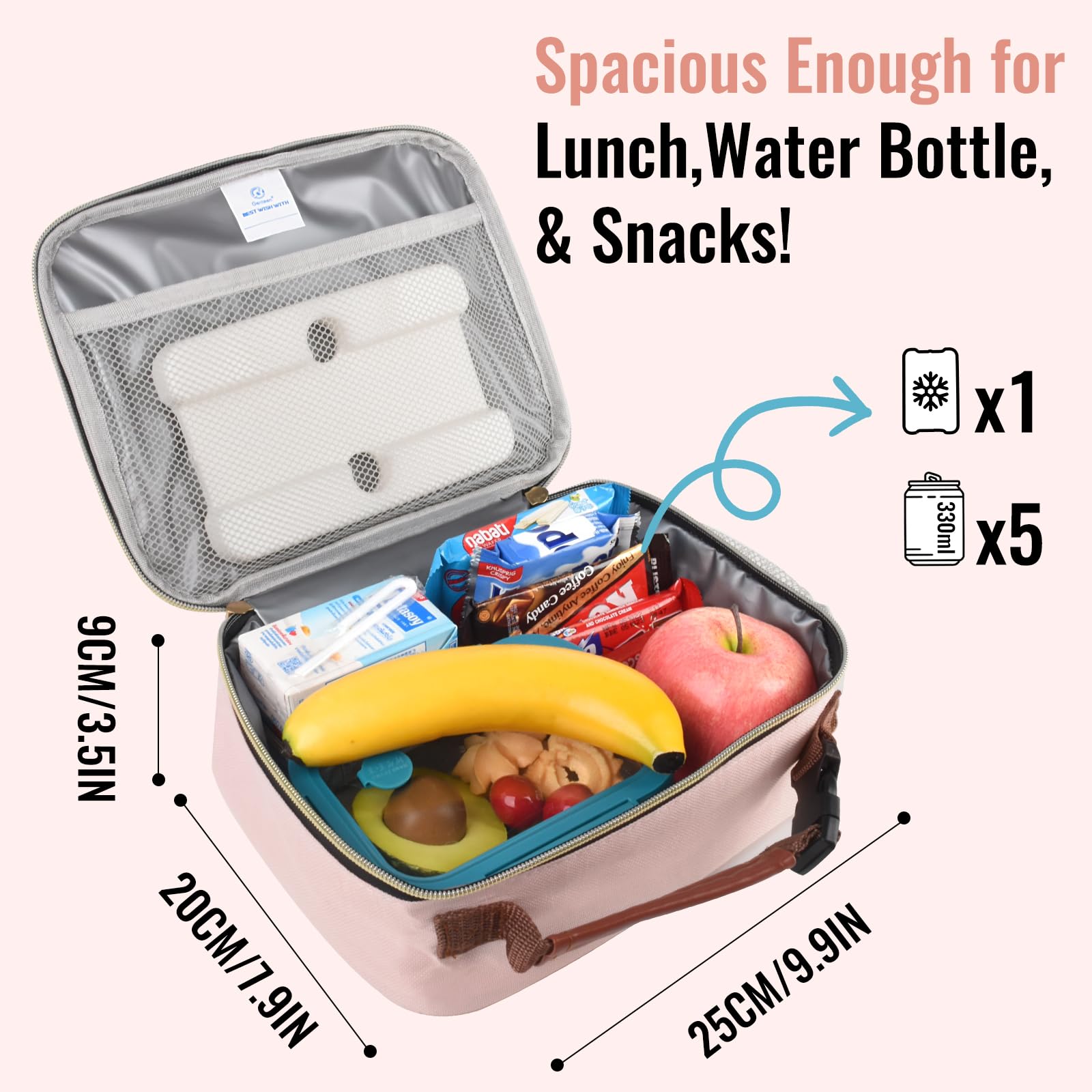 Genteen pink lunch box multi-pocket layout keeps items organized
