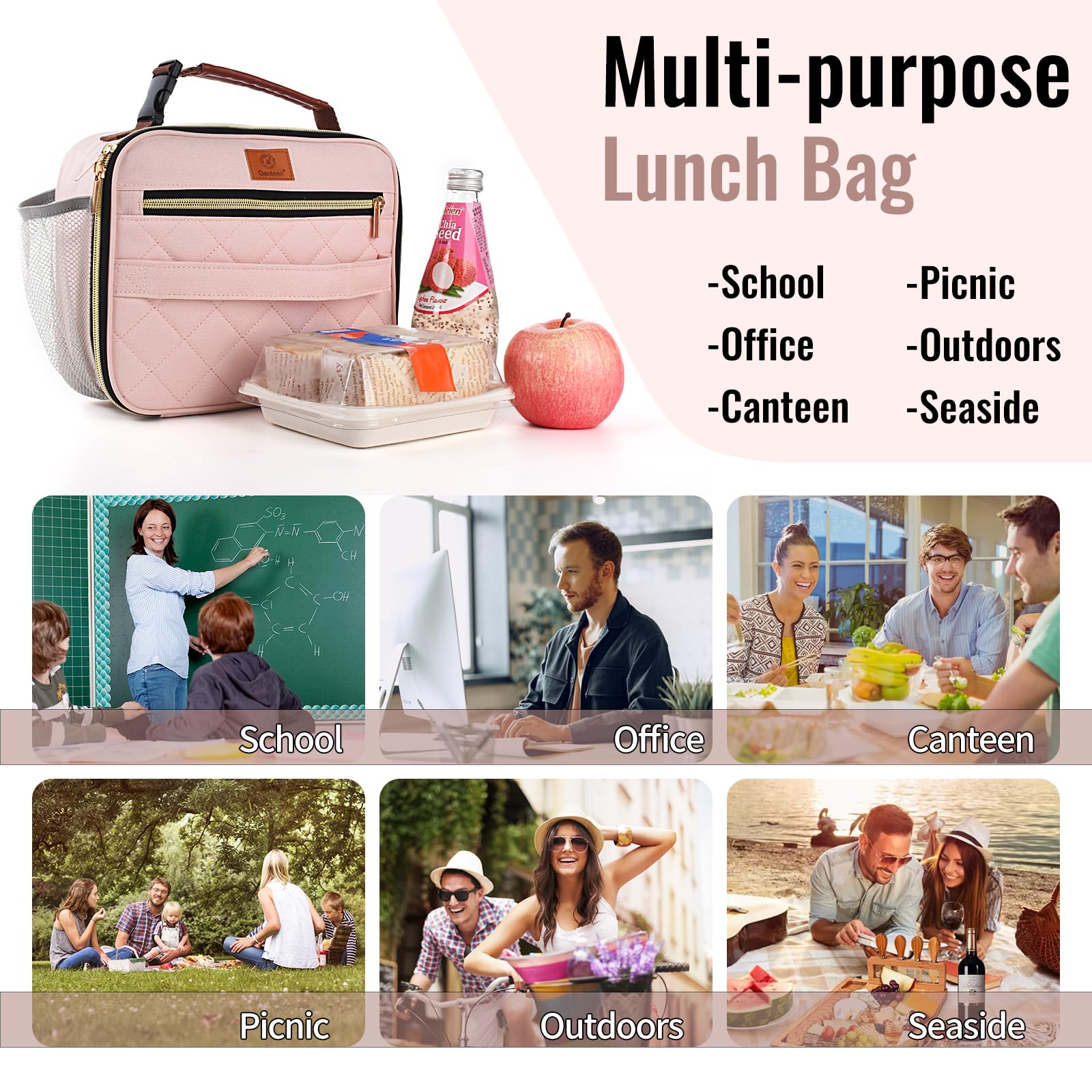 Genteen pink lunch box portable design fits school or work days