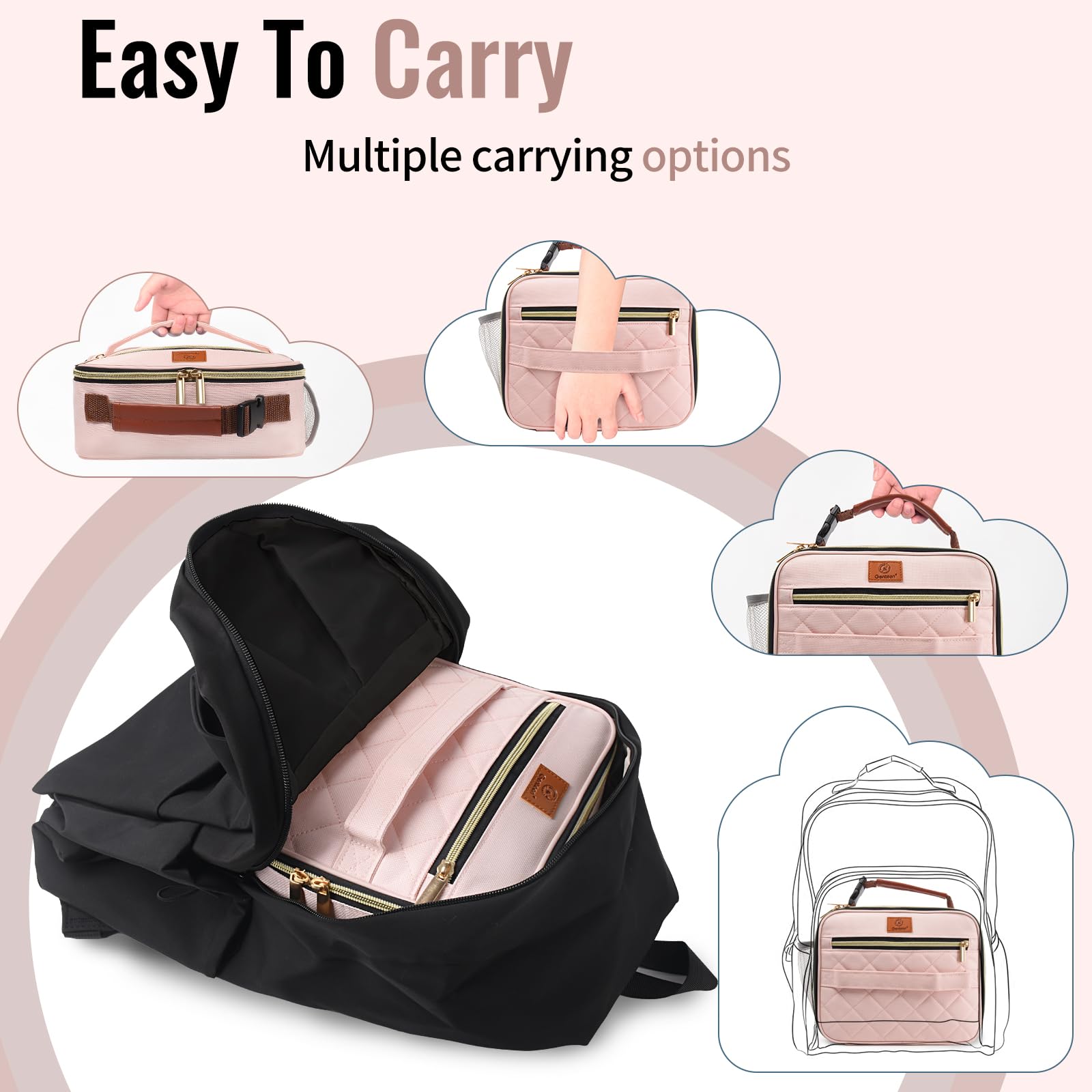 Genteen pink lunch box waterproof fabric resists spills during travel