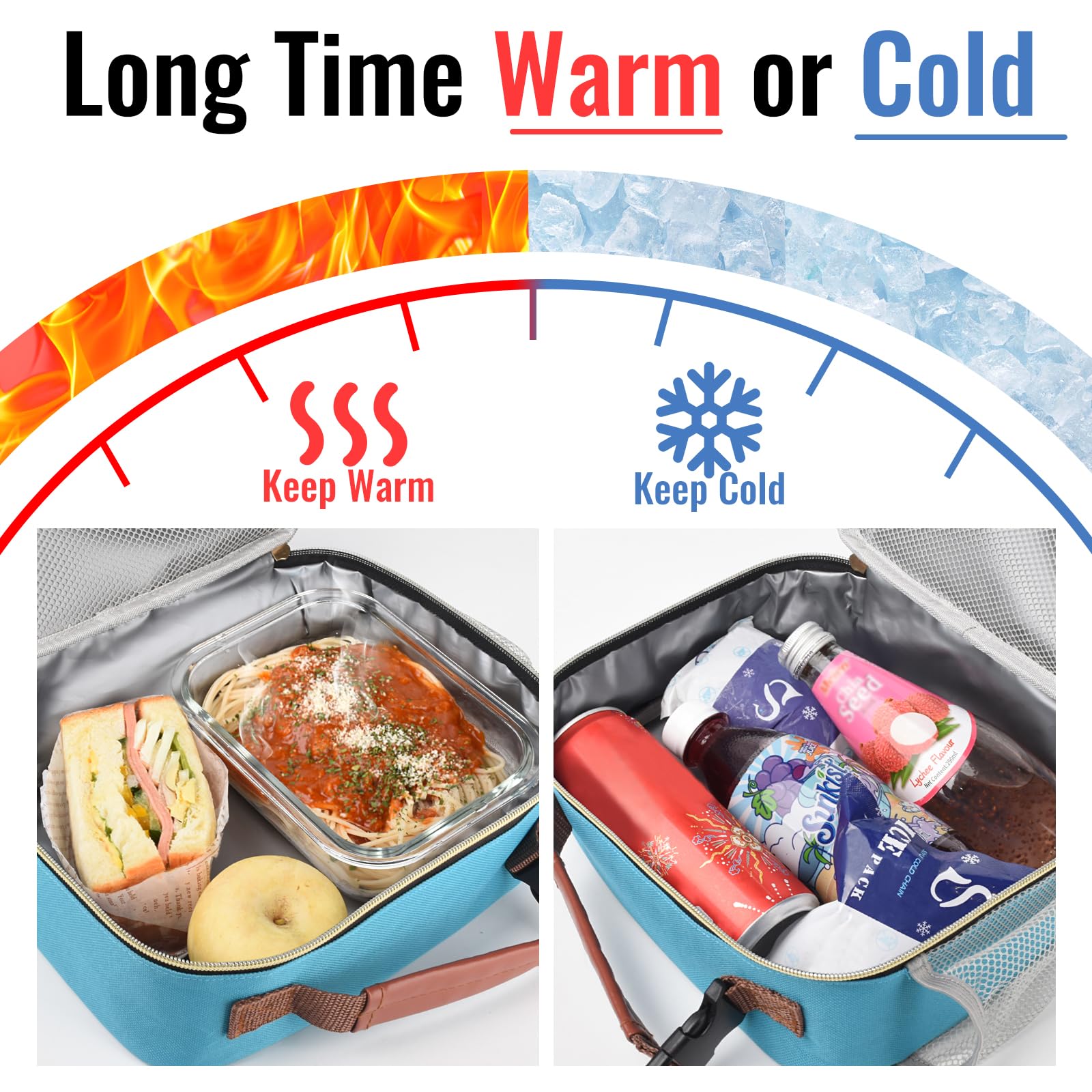 Genteen lunch box with zip closure and buckle handle for easy carrying.