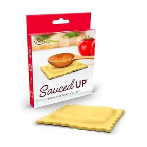 Genuine Fred SAUCED UP ravioli spoon rest front view catches drips and sauce.