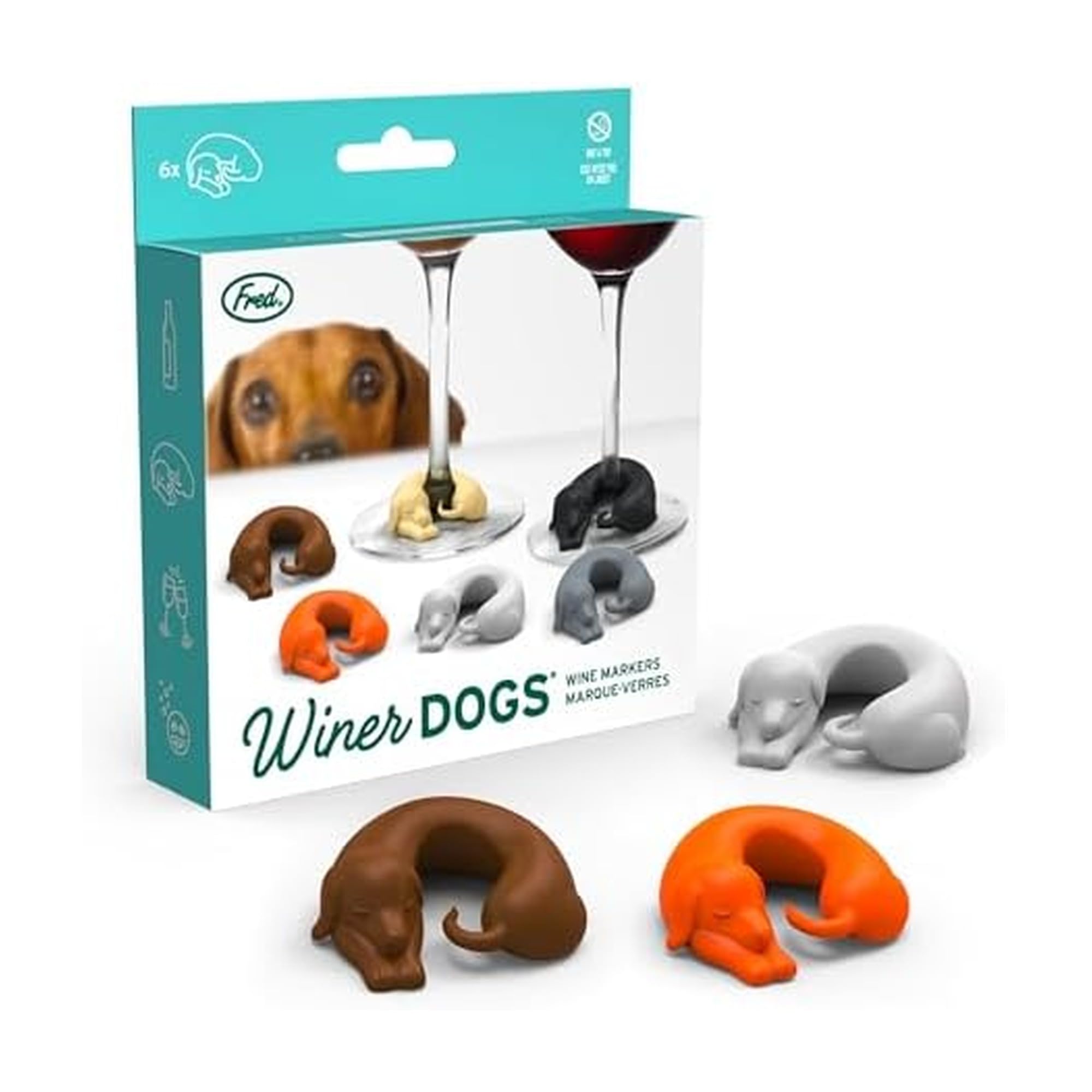 Genuine Fred Winer Dogs markers wrapped on a wine glass stem for easy drink identification.