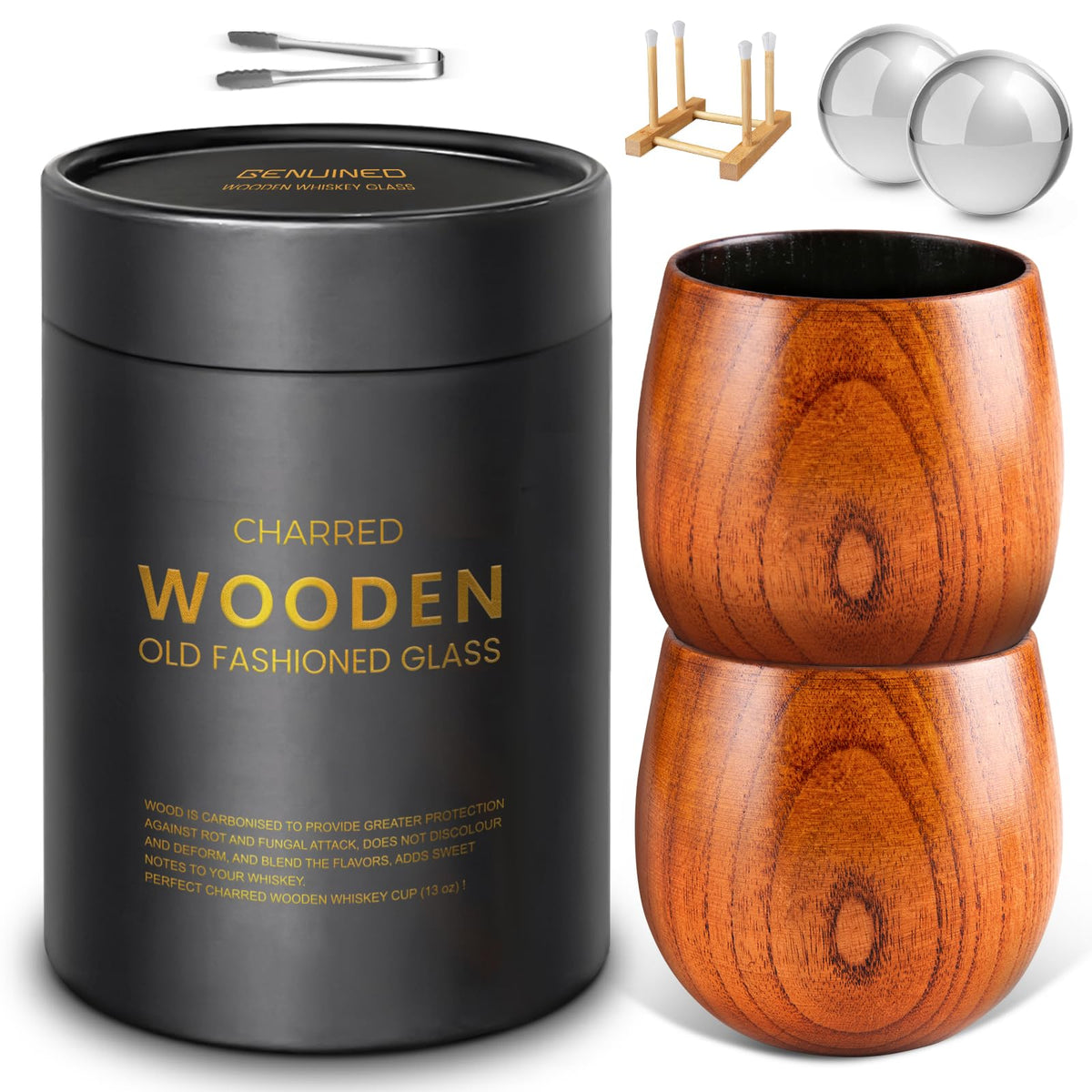 GENUINED charred wood bourbon glass with smoky interior enhances aroma.