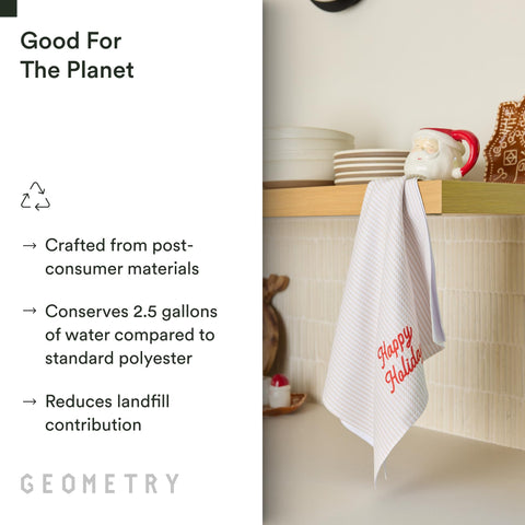 GEOMETRY Christmas Kitchen Towels absorbency closeup shows up to seven times their weight.