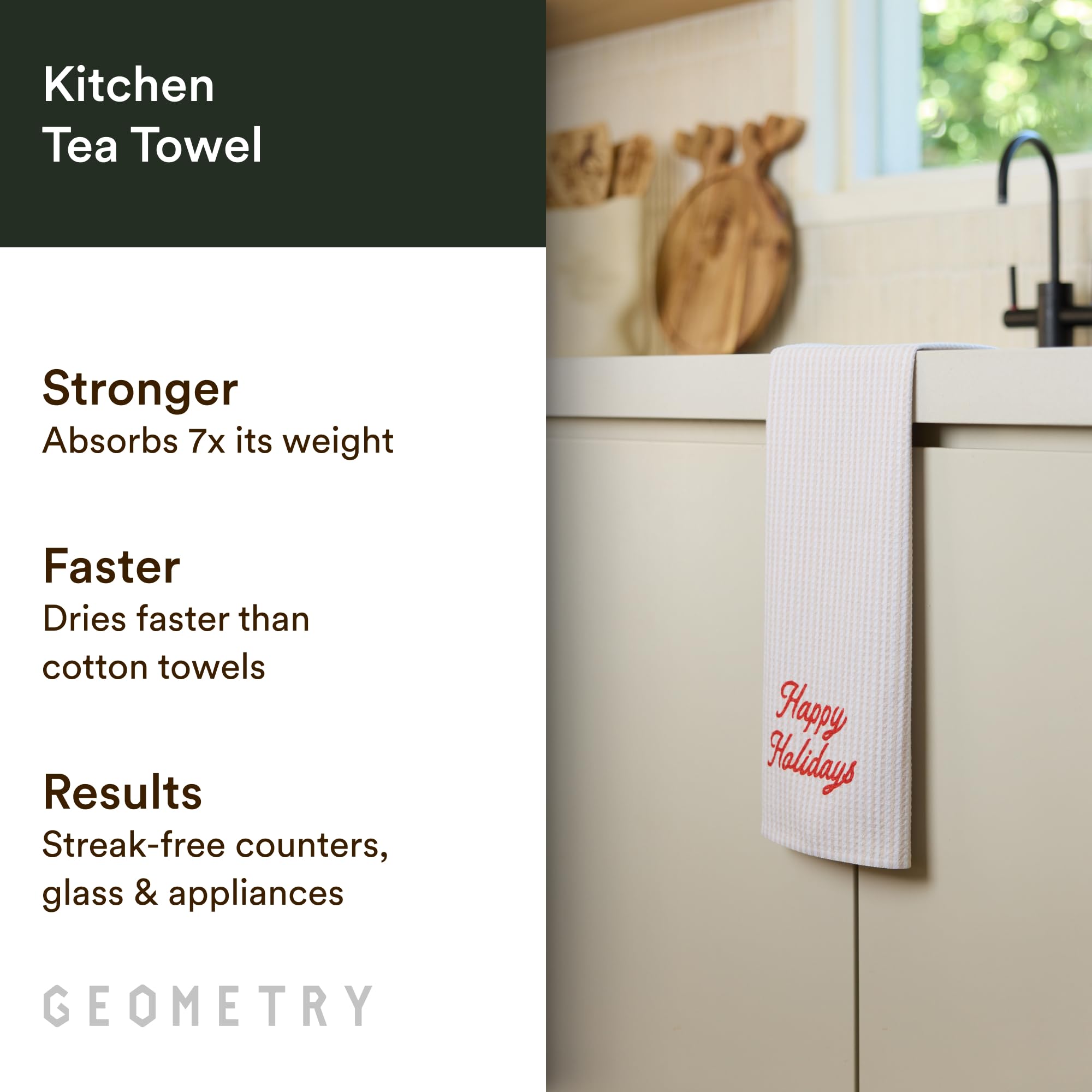 GEOMETRY Christmas Kitchen Towels quick-dry feature keeps kitchen fresh between washes.