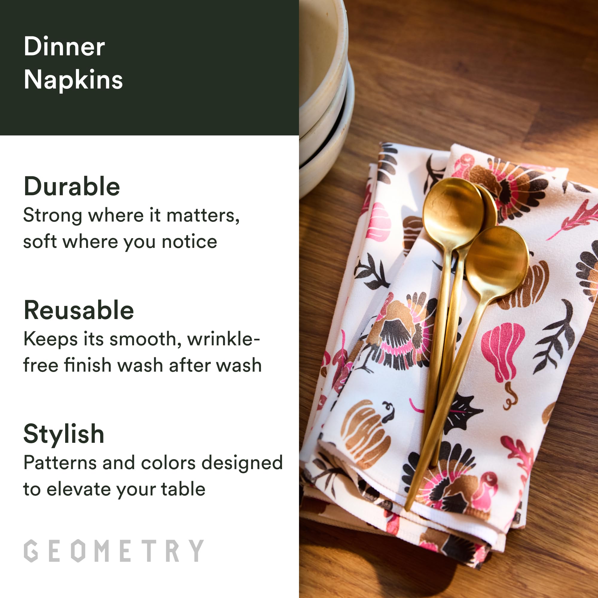 GEOMETRY napkins on a holiday table showcase warm print and festive ambiance.