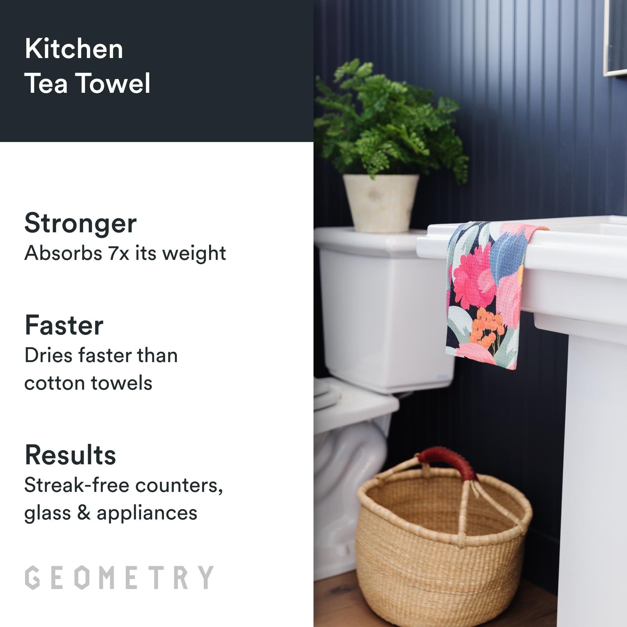 GEOMETRY quick-dry microfiber towels absorb spills fast for easy cleanup.