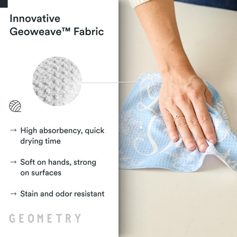 Geometry snow frostin dish-cloths 3-pack shown on counter after spills