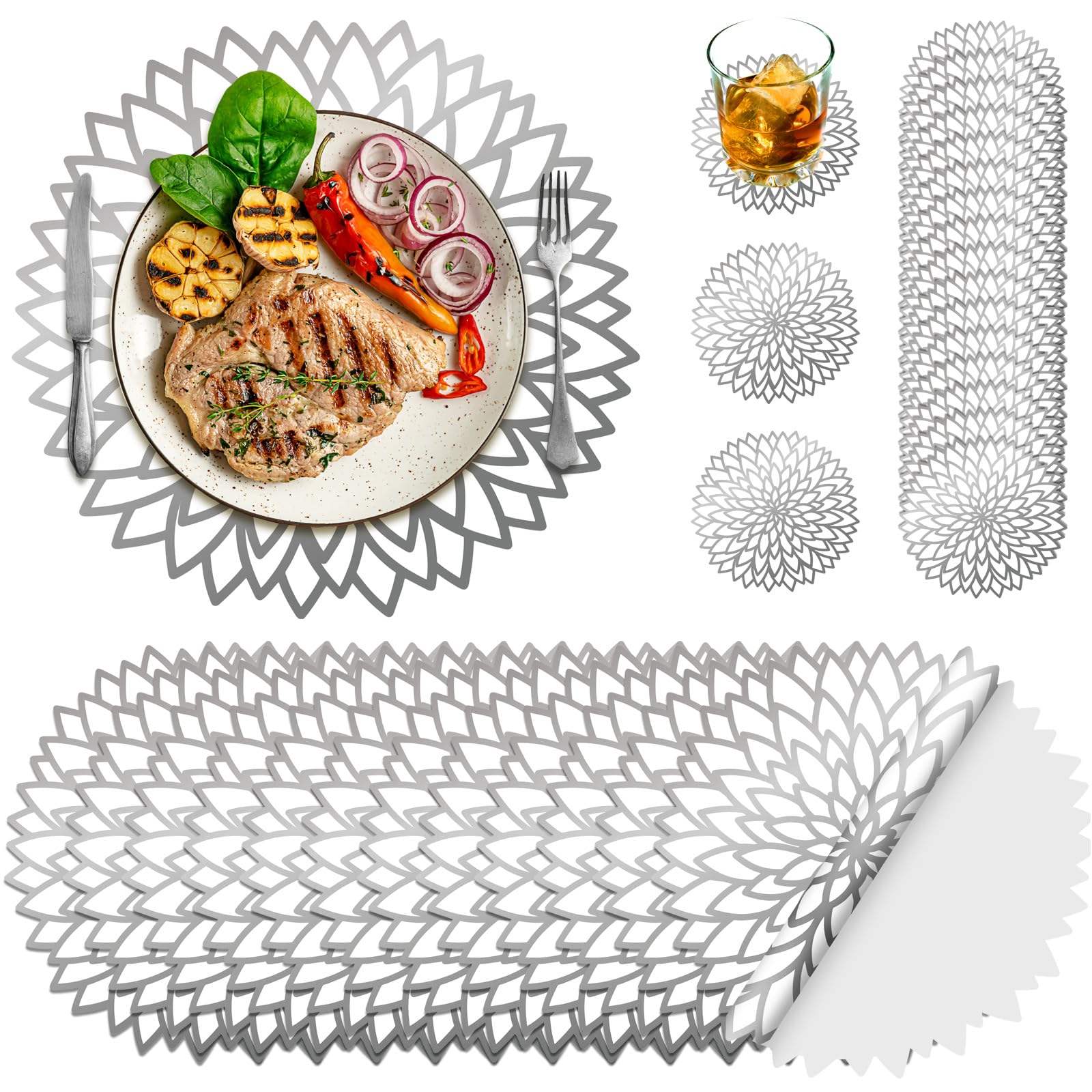 Geosar 200 disposable silver placemats, round hollow design, ideal for elegant gatherings.