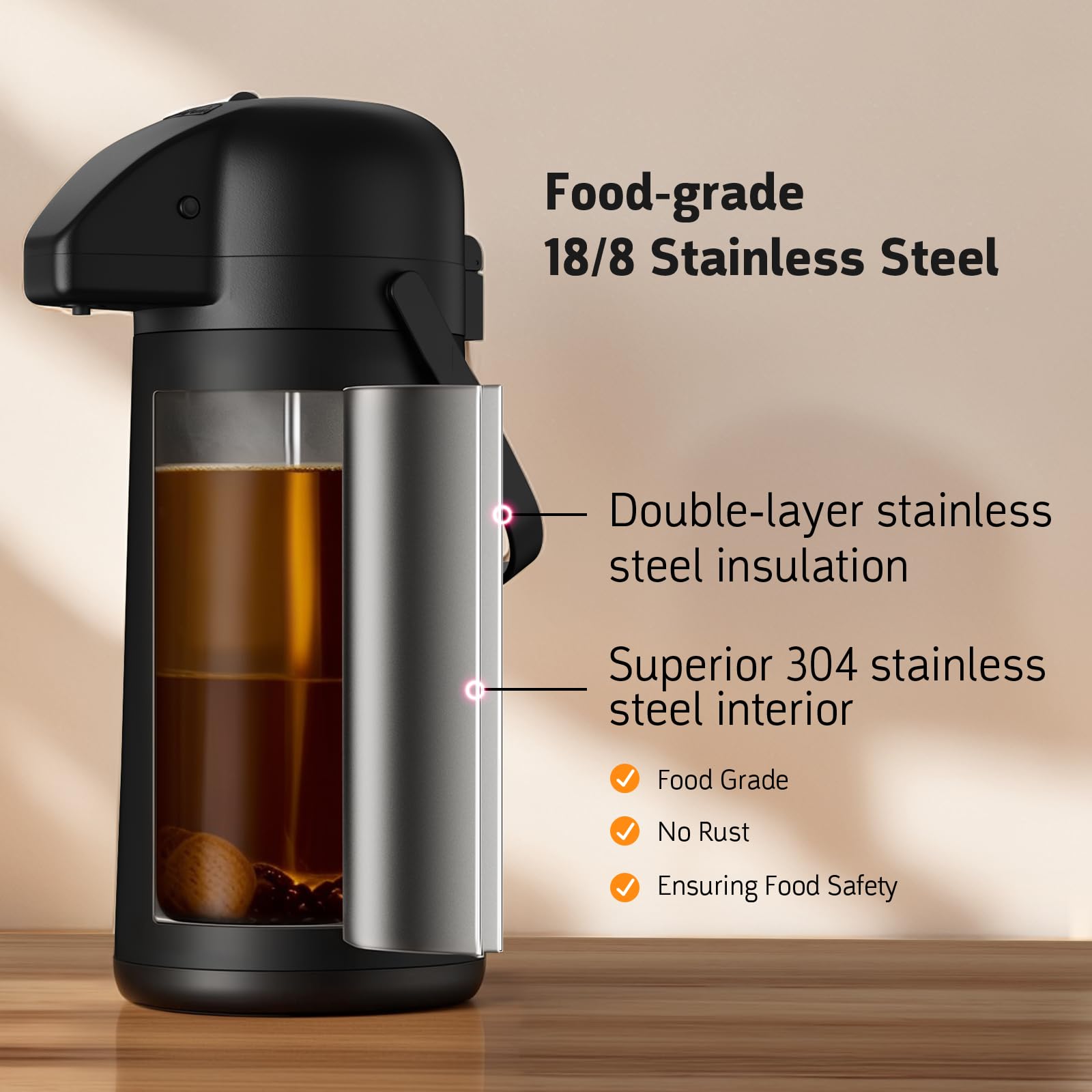 Geouja Airpot insulation detail highlights double-layer heat retention for hours.
