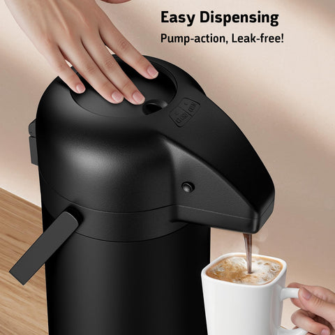 Geouja Airpot pump-top in action demonstrates easy, spill-free beverage serving.