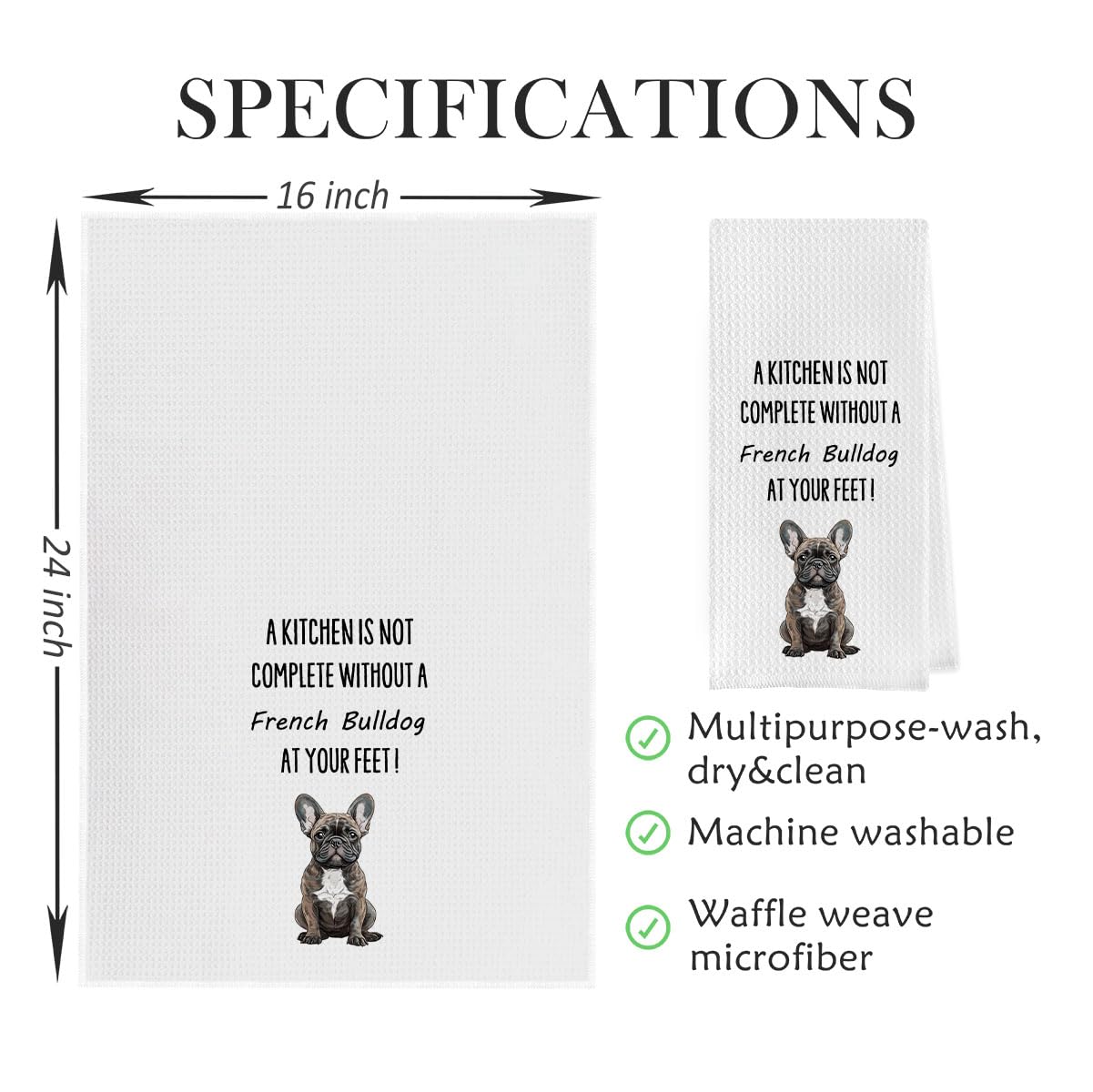 Geqtt French Bulldog dish towel in a dish-drying stack for easy air-drying