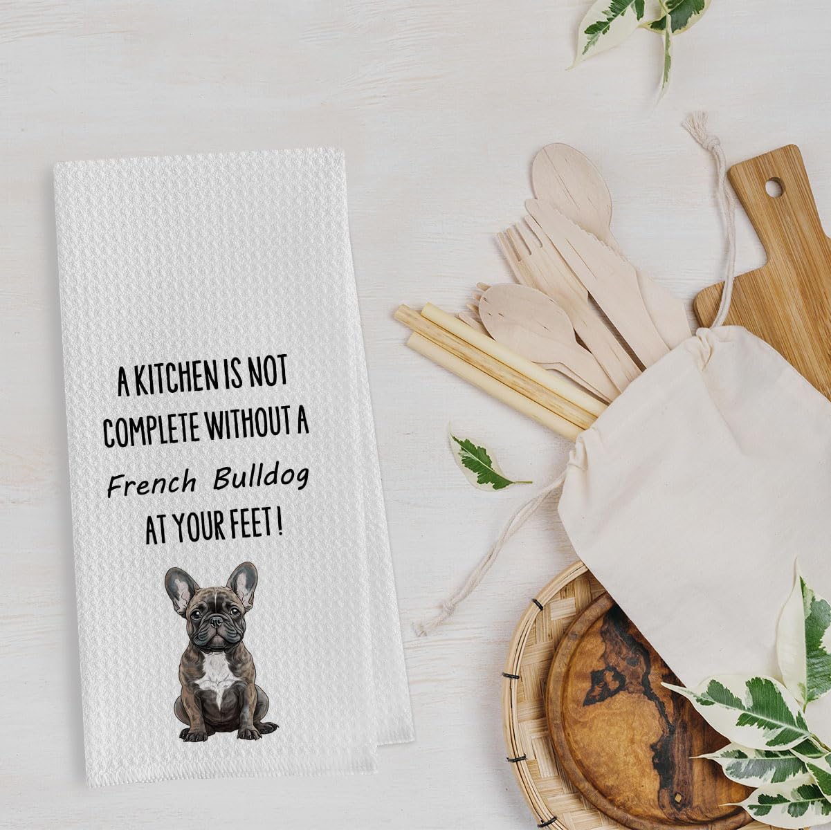 Geqtt French Bulldog dish towel on kitchen rack highlighting quick-dry convenience