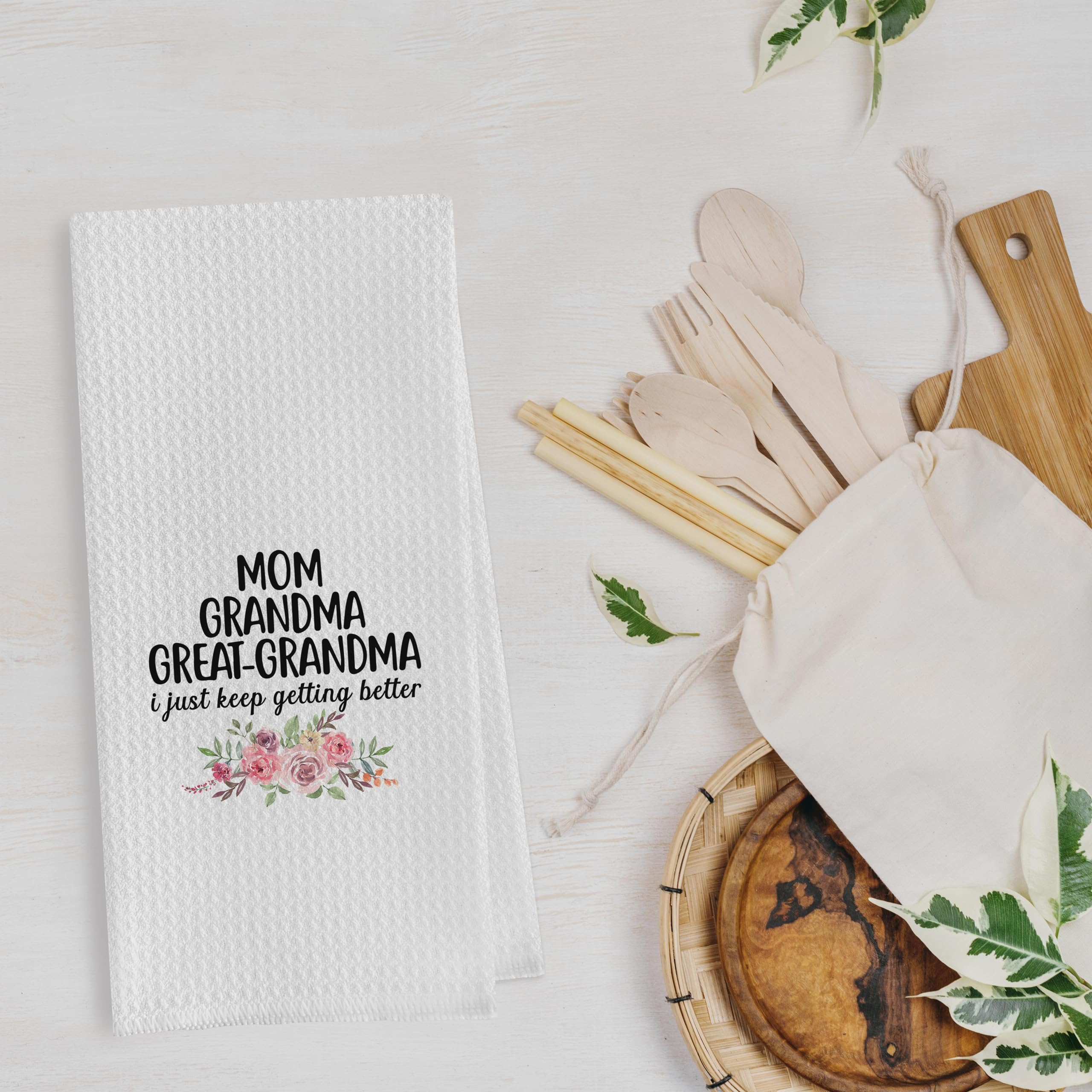 Geqtt Great Grandma Dish Towels on a drying rack demonstrating quick absorption after use