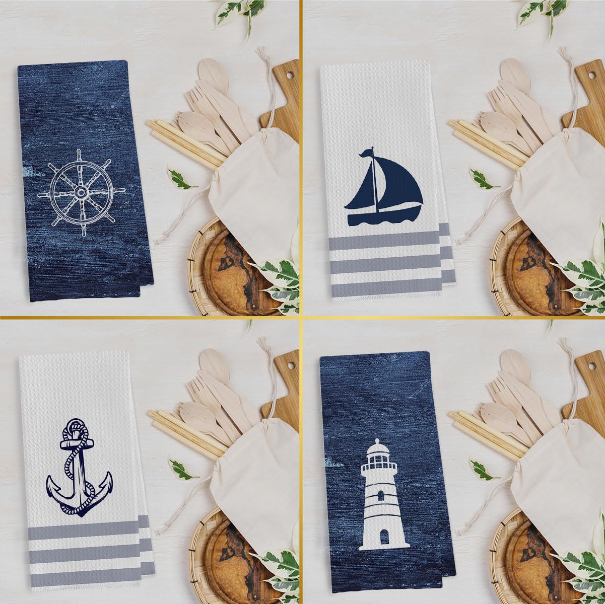 Geqtt Nautical Hand Towel waffle weave close-up highlights soft microfiber texture