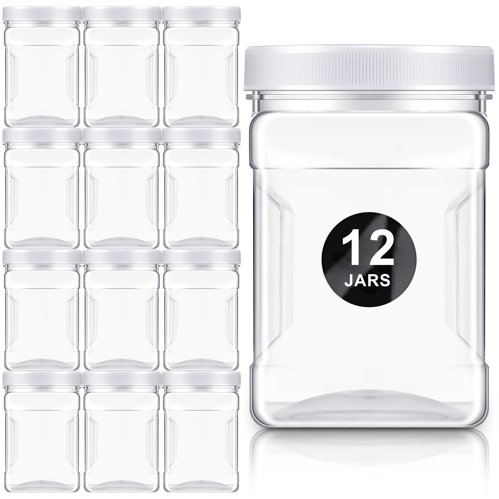 Gerrii 12-pcs clear storage jars with lids showing wide-mouth design for easy filling and dispensing