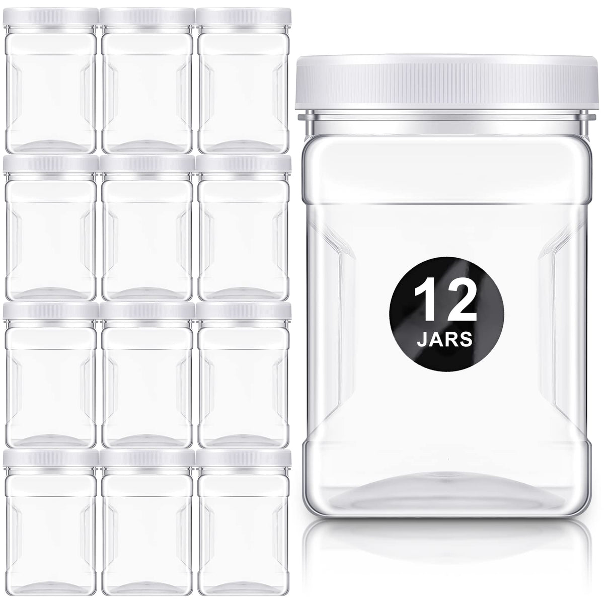 Gerrii 12-pcs clear storage jars with lids showing wide-mouth design for easy filling and dispensing