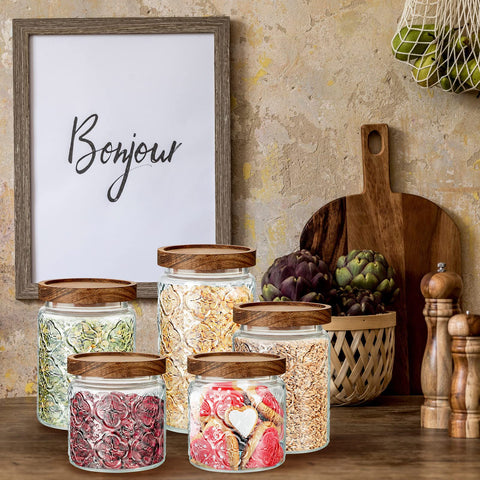 Gerrii Begonia pattern jars organized in a pantry setup