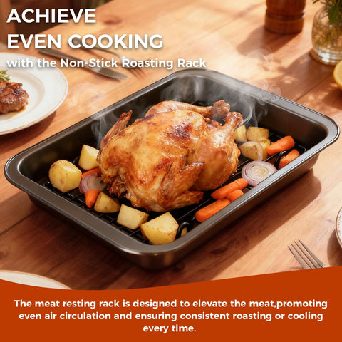 GESTONE heavy-duty roasting pan in oven, safe up to 450°F for even browning.