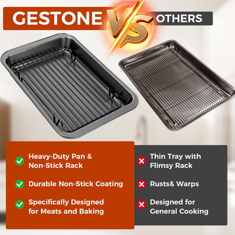 GESTONE rack lowered over pan with aromatics and vegetables beneath.