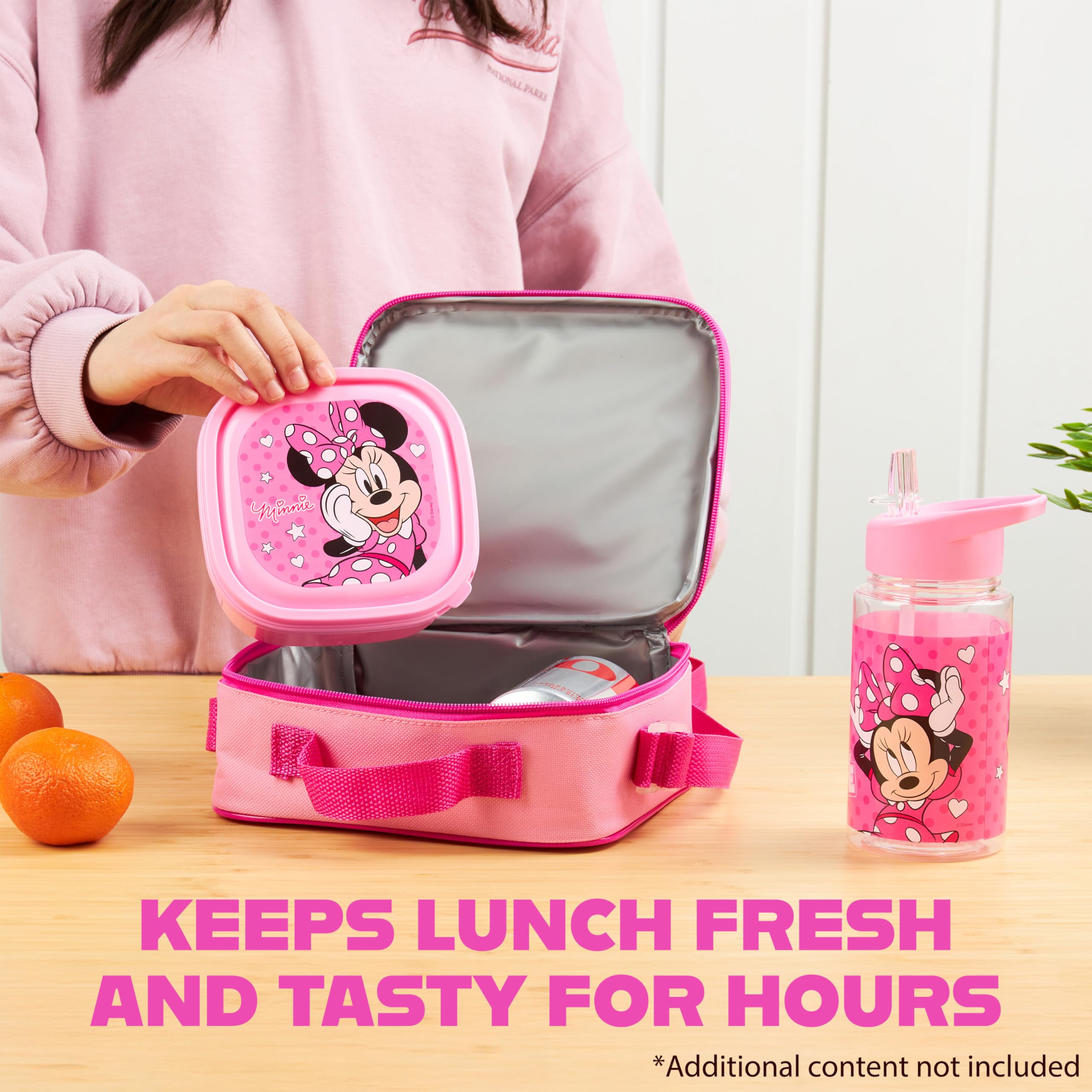Get Trend Minnie Mouse insulated lunch bag preserves meals during school or travel.