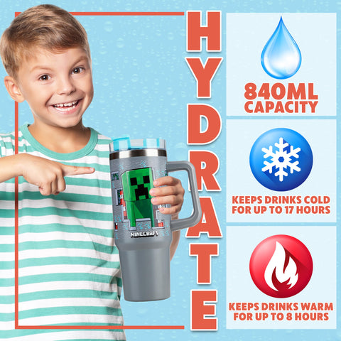 Get Trend Minecraft tumbler with spill-proof lid, ideal for car rides.