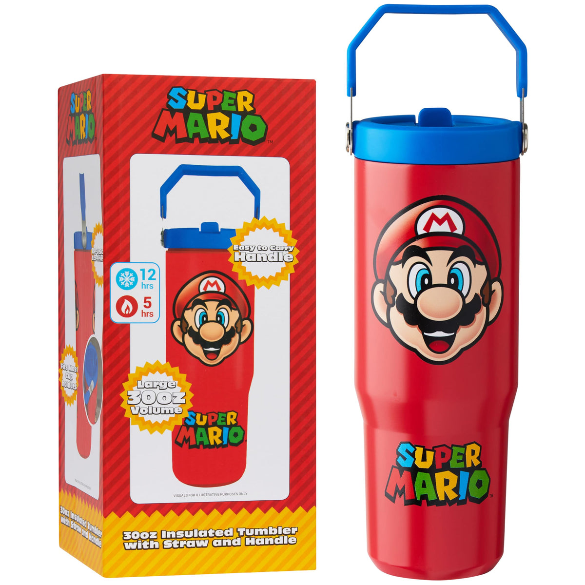 Get Trend Super Mario tumbler, red front view, 30oz, ideal for school hydration