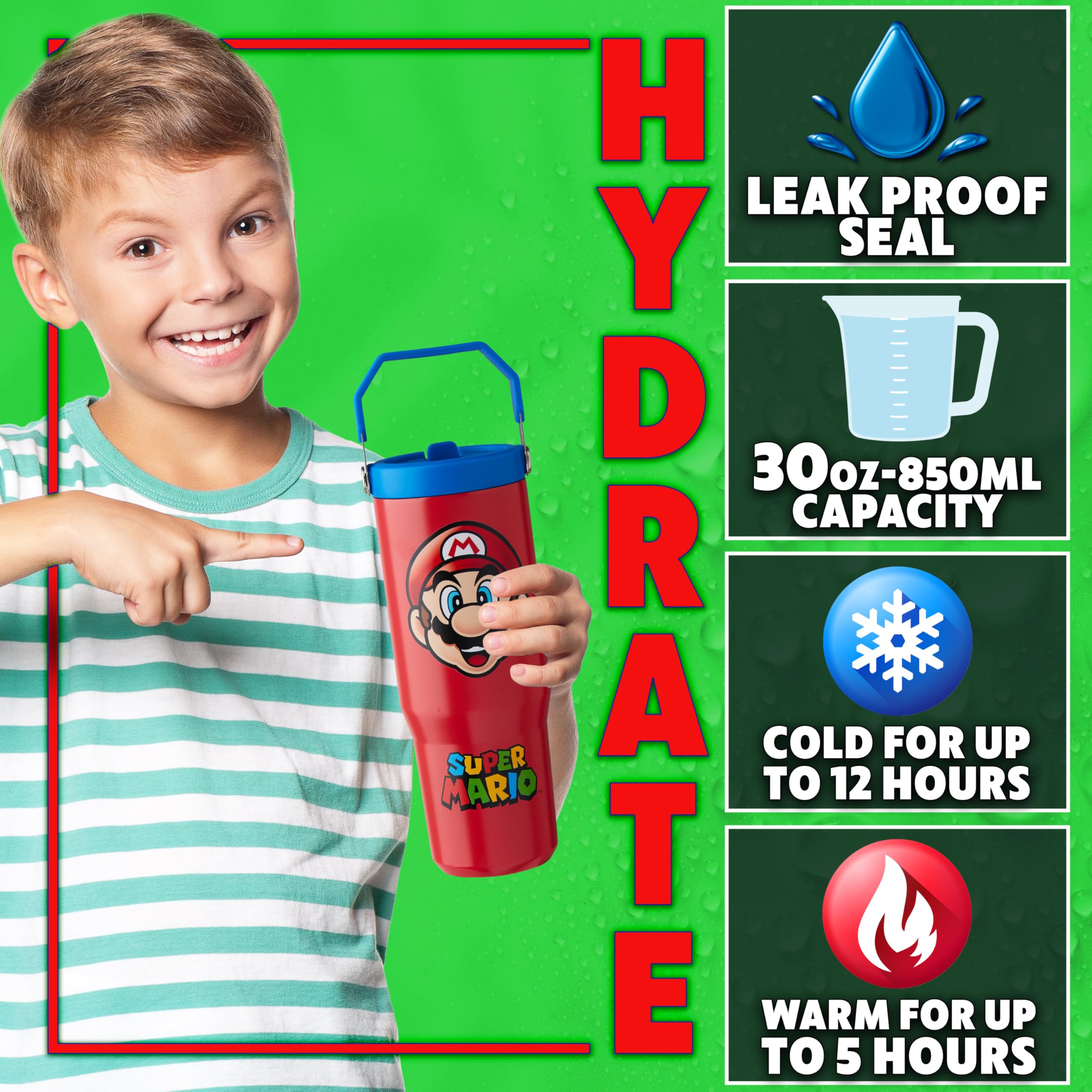 Get Trend Super Mario tumbler red lid and straw, leak-resistant design