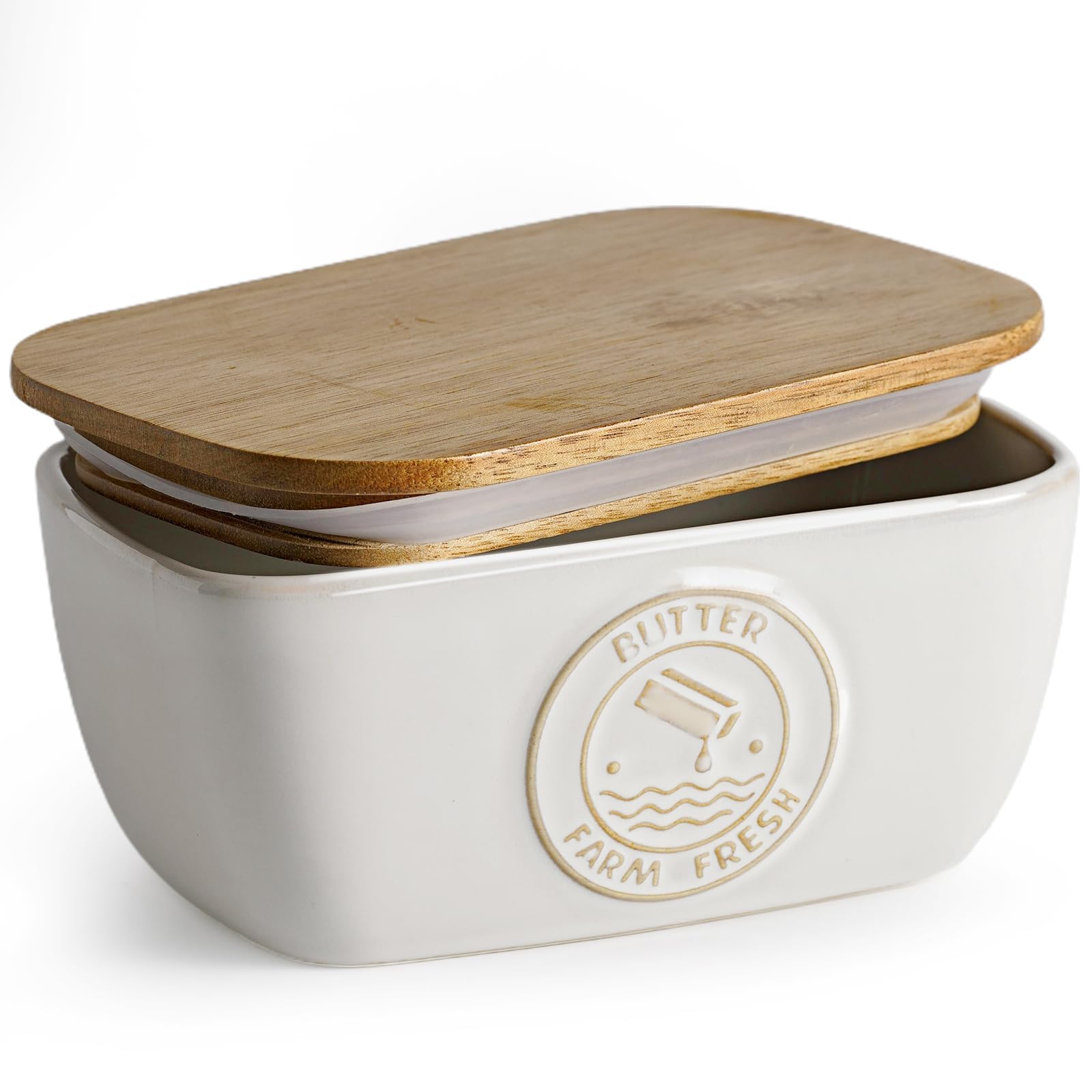 Getstar ceramic butter dish with acacia lid for fresh, convenient storage