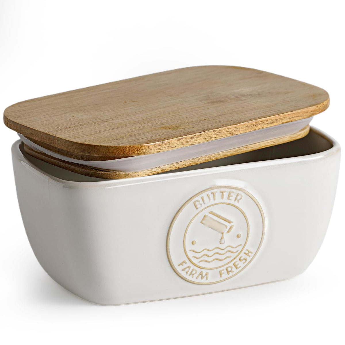 Getstar ceramic butter dish with acacia lid for fresh, convenient storage