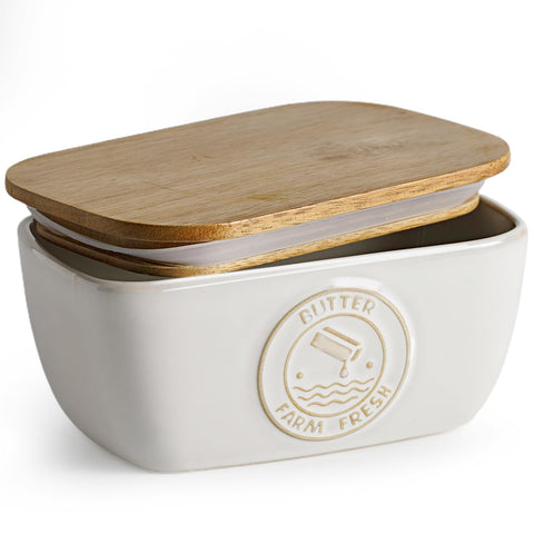 Getstar ceramic butter dish with acacia lid for fresh, convenient storage