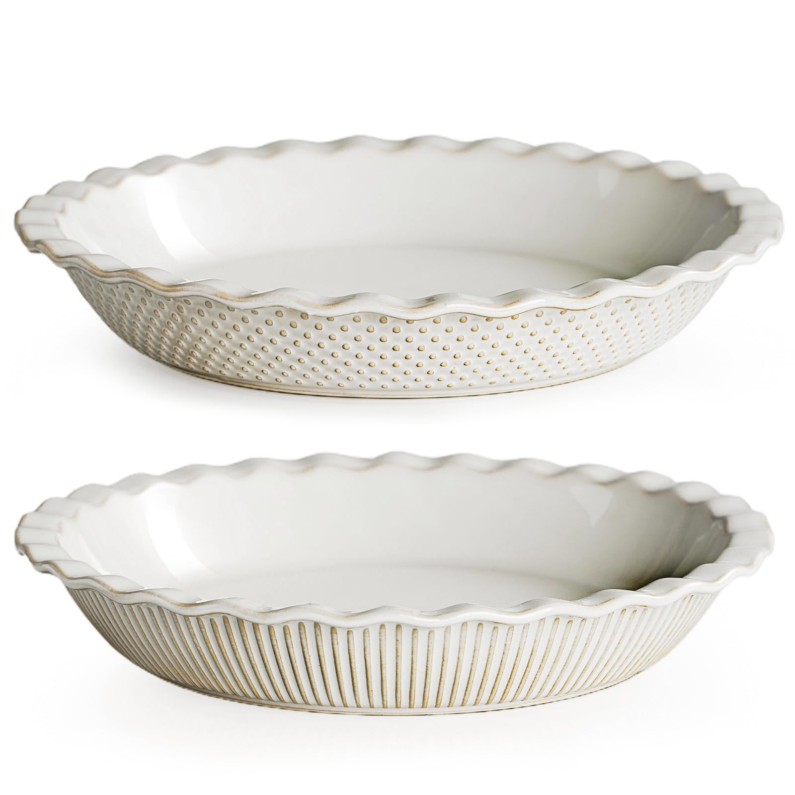 Getstar ceramic pie pan with embossed stripes and dots for stylish serving.