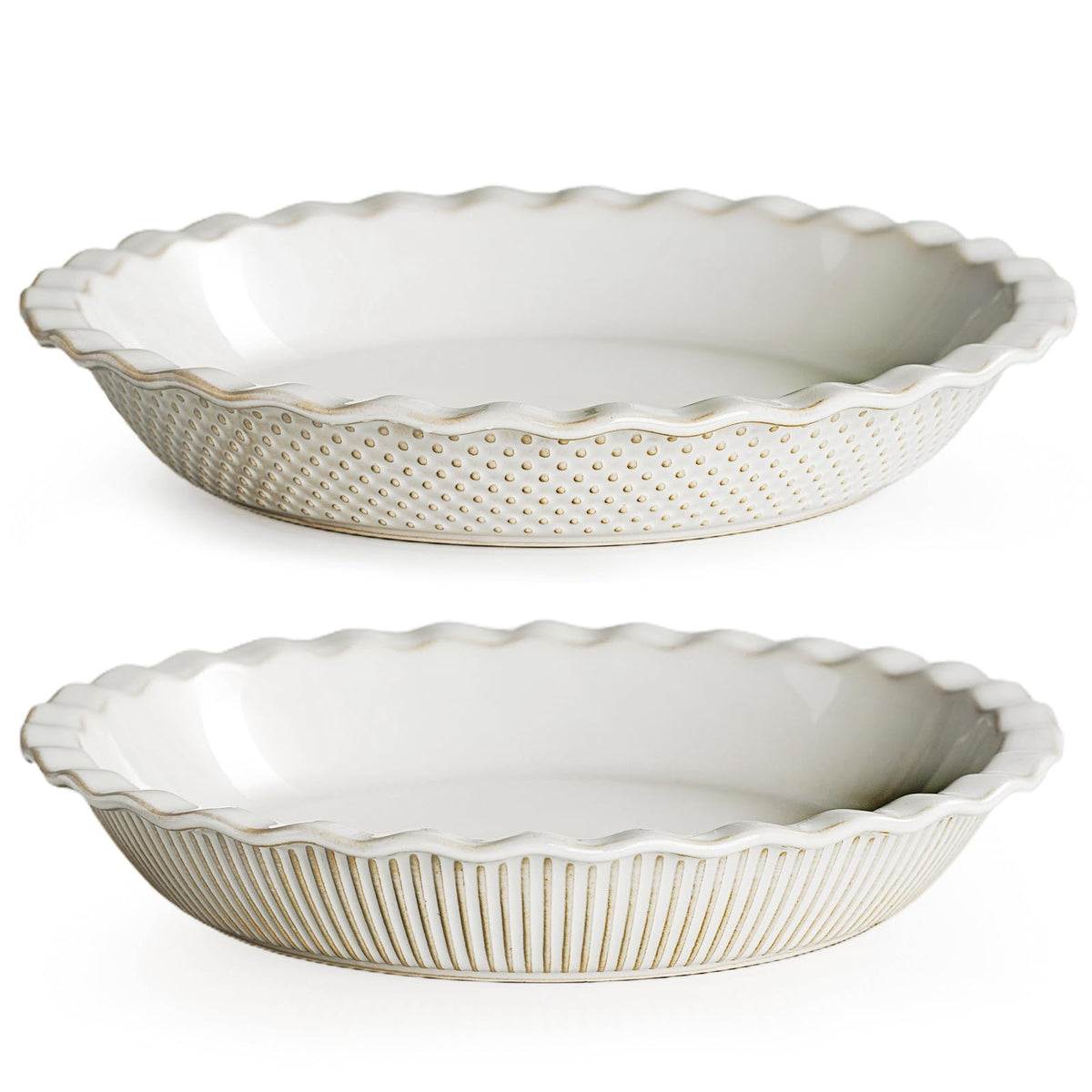 Getstar ceramic pie pan with embossed stripes and dots for stylish serving.
