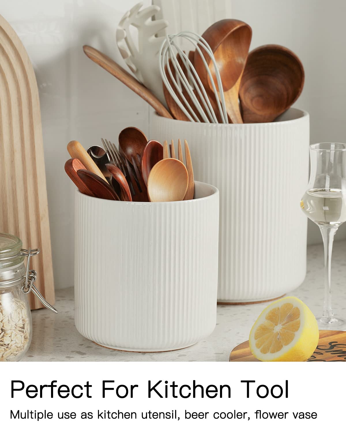 Getstar ceramic utensil crock stores ladles and tongs neatly for easy access.