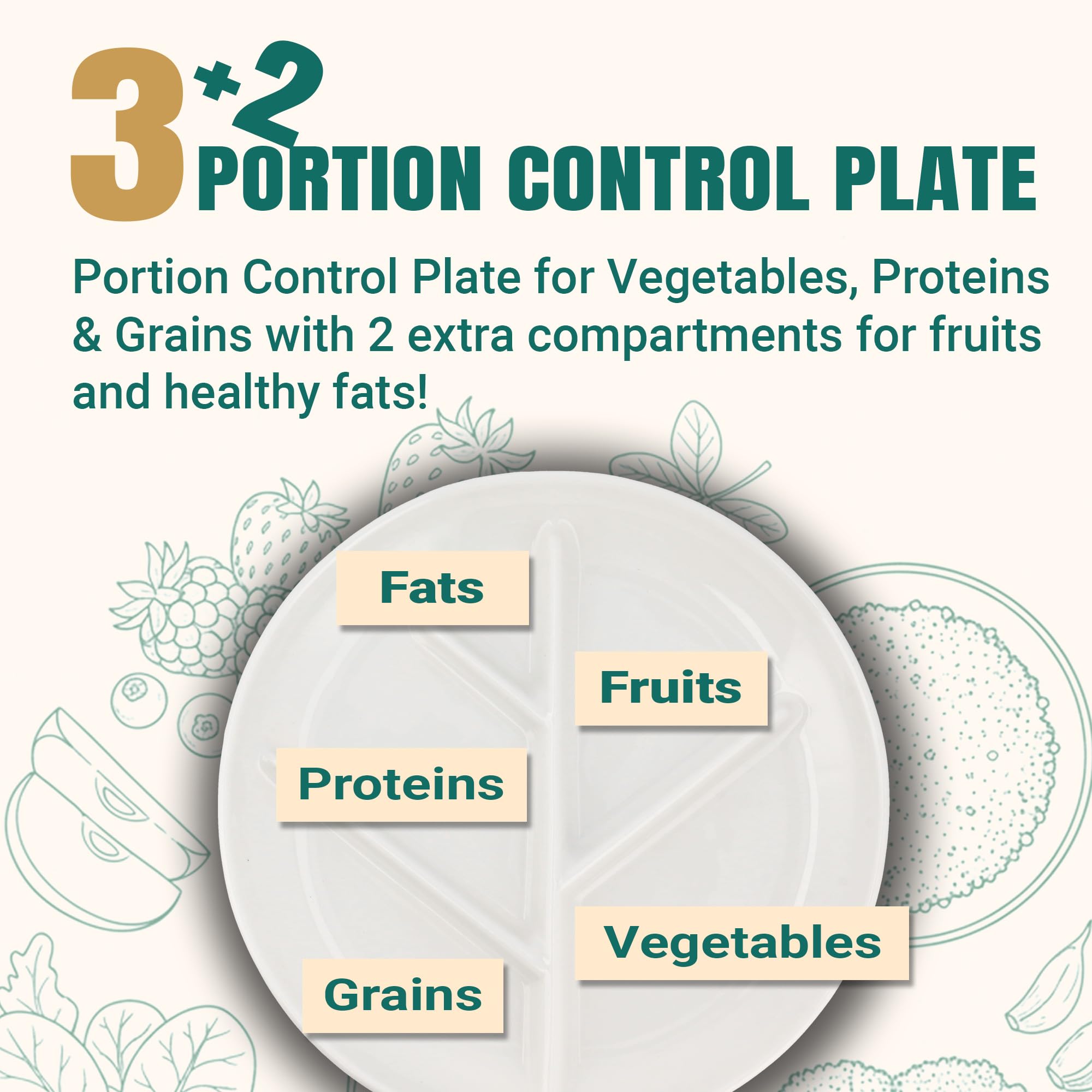 Close-up of five compartments showing separated portions for mindful eating